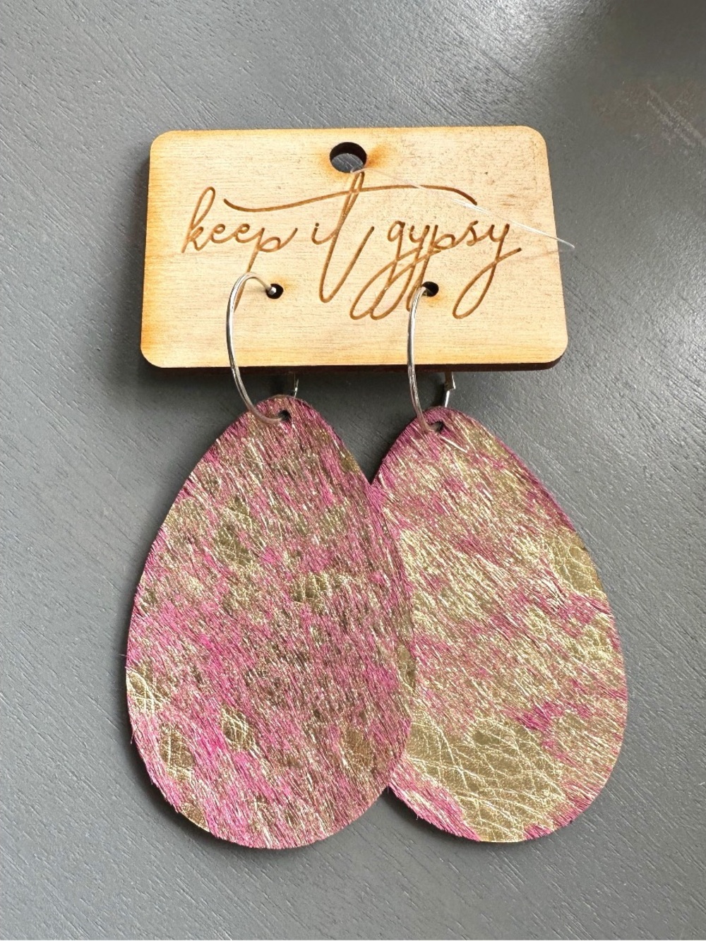 Keep it Gypsy Metallic Gold & Pink Cowhide Hair on Hide Leather Teardrop earring